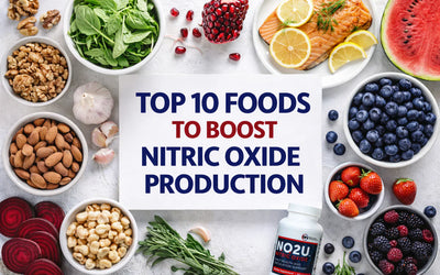 Top 10 foods to boost nitric oxide production, featuring beets, leafy greens, berries, salmon, nuts, garlic, watermelon, and citrus, arranged in a healthy nutrition flat lay for circulation and heart health.