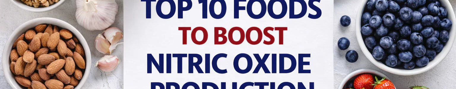 Top 10 foods to boost nitric oxide production, featuring beets, leafy greens, berries, salmon, nuts, garlic, watermelon, and citrus, arranged in a healthy nutrition flat lay for circulation and heart health.