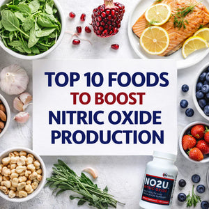 Top 10 foods to boost nitric oxide production, featuring beets, leafy greens, berries, salmon, nuts, garlic, watermelon, and citrus, arranged in a healthy nutrition flat lay for circulation and heart health.