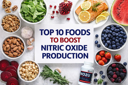 Top 10 foods to boost nitric oxide production, featuring beets, leafy greens, berries, salmon, nuts, garlic, watermelon, and citrus, arranged in a healthy nutrition flat lay for circulation and heart health.
