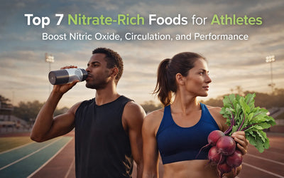 Active athletes training outdoors with a healthy lifestyle focus, highlighting nutrition, nitrate-rich foods, nitric oxide production, circulation, endurance, and performance optimization.