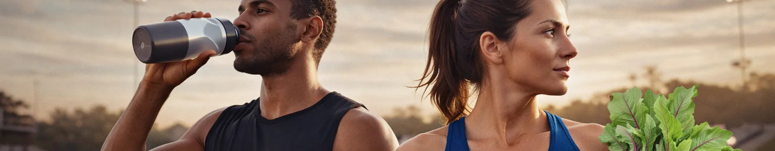 Active athletes training outdoors with a healthy lifestyle focus, highlighting nutrition, nitrate-rich foods, nitric oxide production, circulation, endurance, and performance optimization.