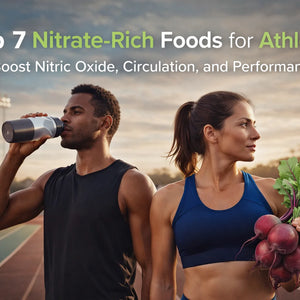 Active athletes training outdoors with a healthy lifestyle focus, highlighting nutrition, nitrate-rich foods, nitric oxide production, circulation, endurance, and performance optimization.