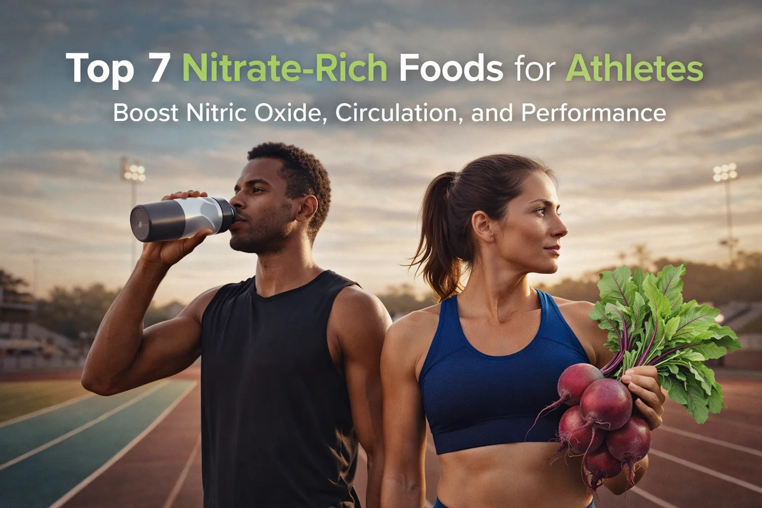 Active athletes training outdoors with a healthy lifestyle focus, highlighting nutrition, nitrate-rich foods, nitric oxide production, circulation, endurance, and performance optimization.
