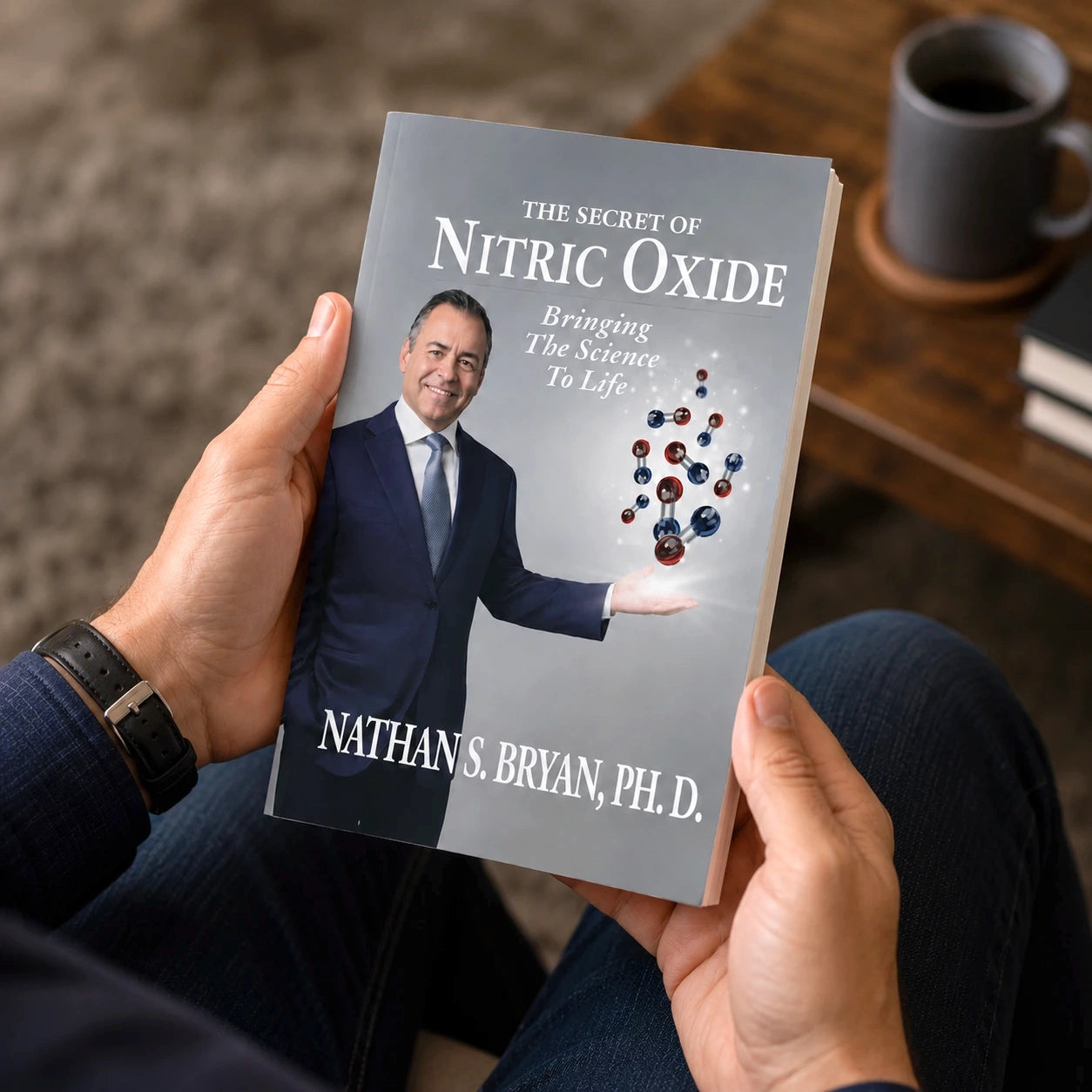 Person holding a book titled 'The Secret of Nitric Oxide' by Nathan S. Bryan, PH.D.