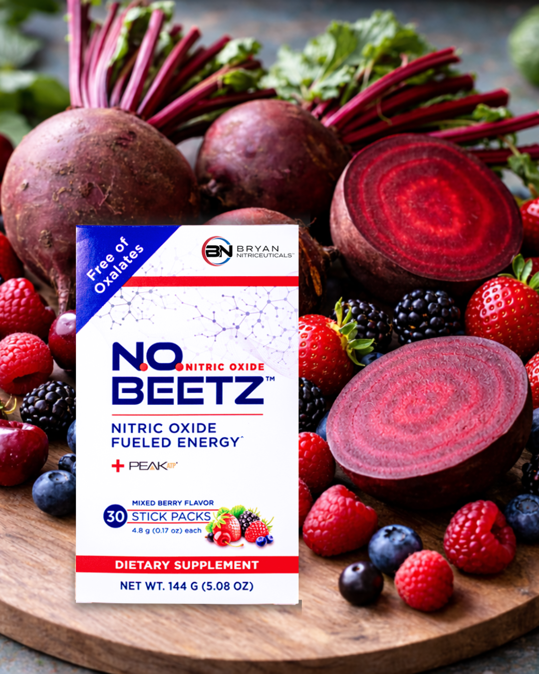NO BEETZ supplement package with beets and berries on a wooden board