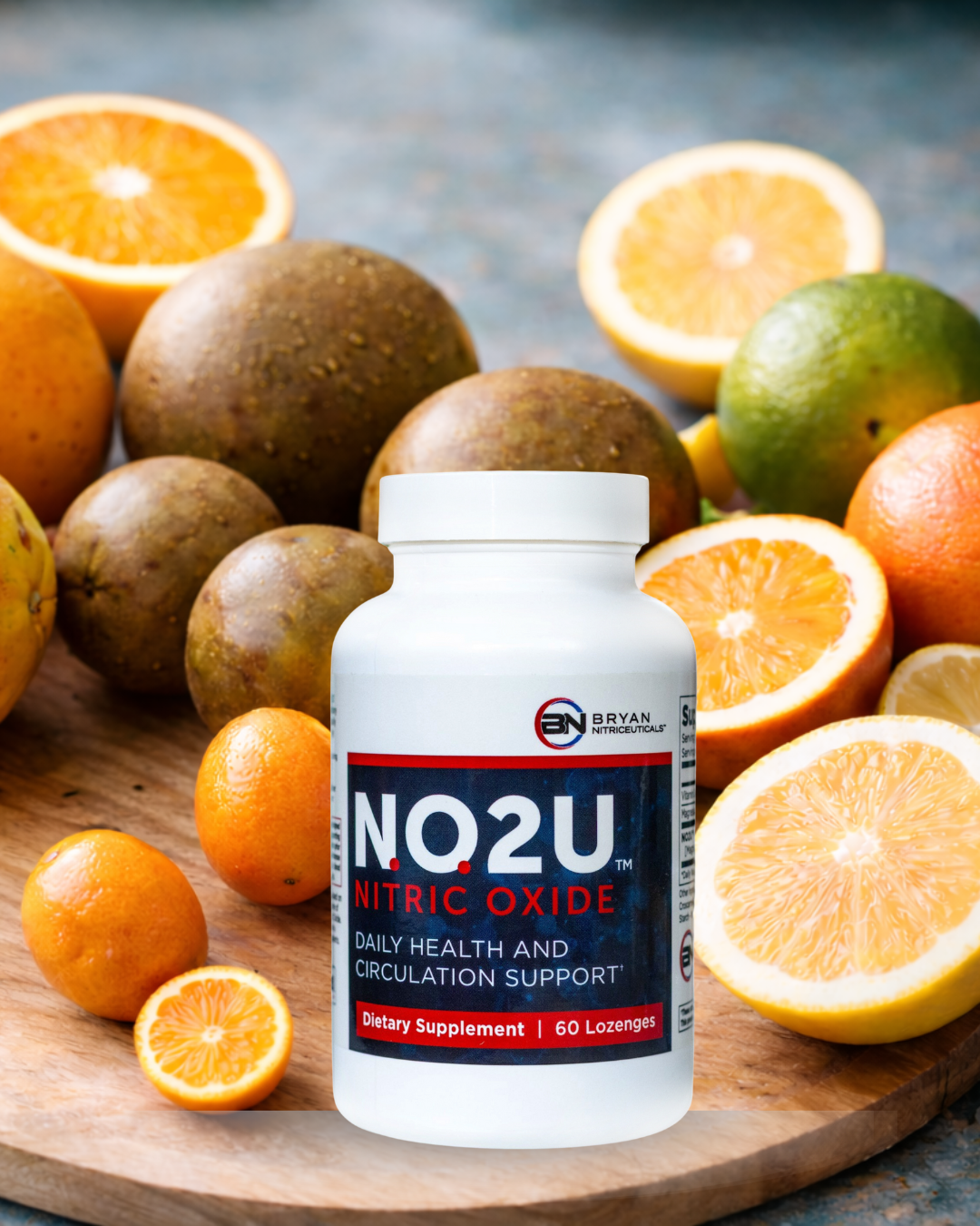 NO2U nitric oxide supplement bottle surrounded by citrus fruits on a wooden surface