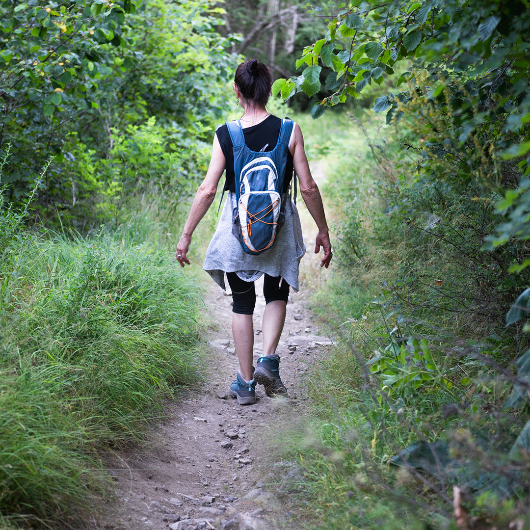 Person with a backpack walking on a trail