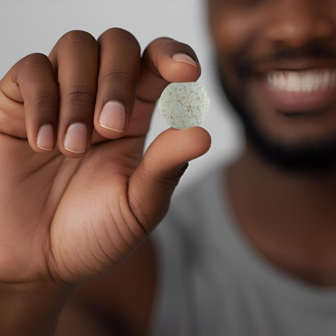 Hand holding a small white lozenge with a blurred background