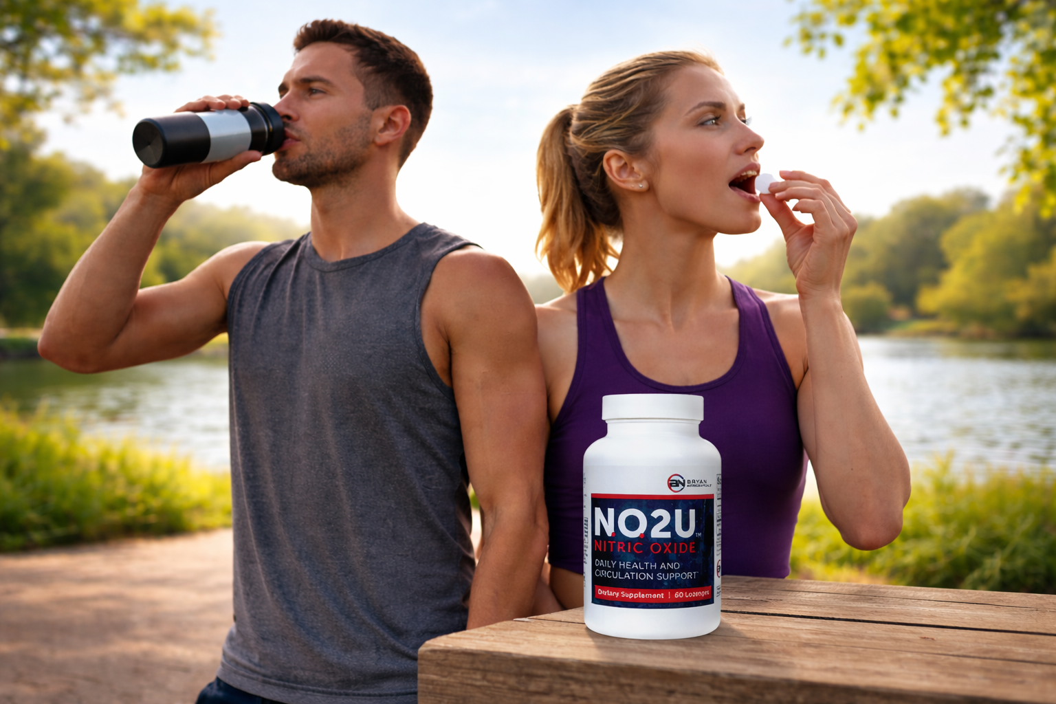 Man and woman outdoors with a bottle of NO2U supplement on a table