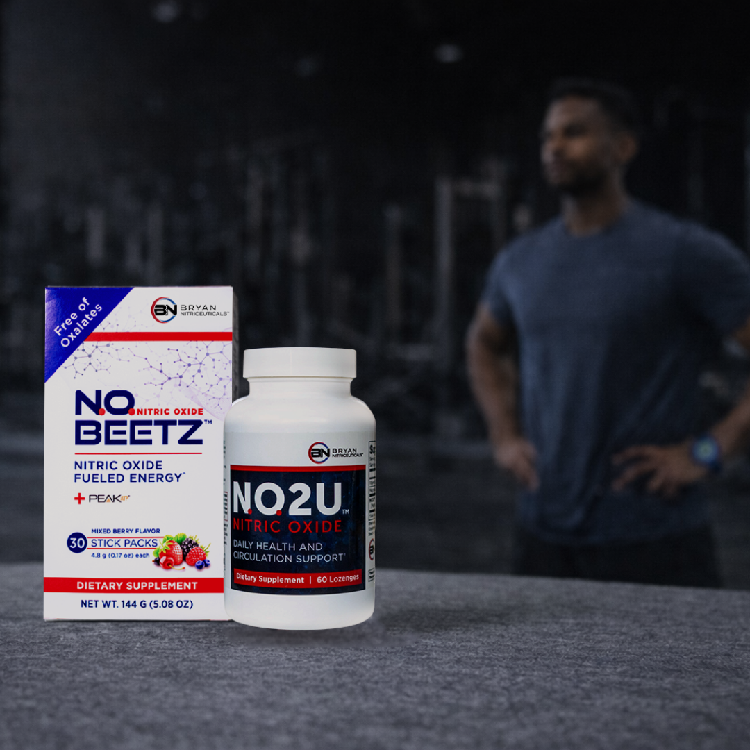 NO Beetz and NO2U Nitric Oxide Lozenge supplement bottles with a blurred person in the background.