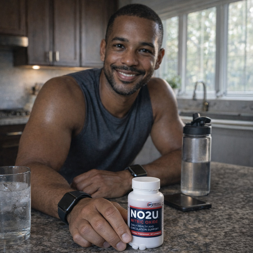Man sitting at a kitchen counter with a bottle of NO2U supplement and a water bottle.