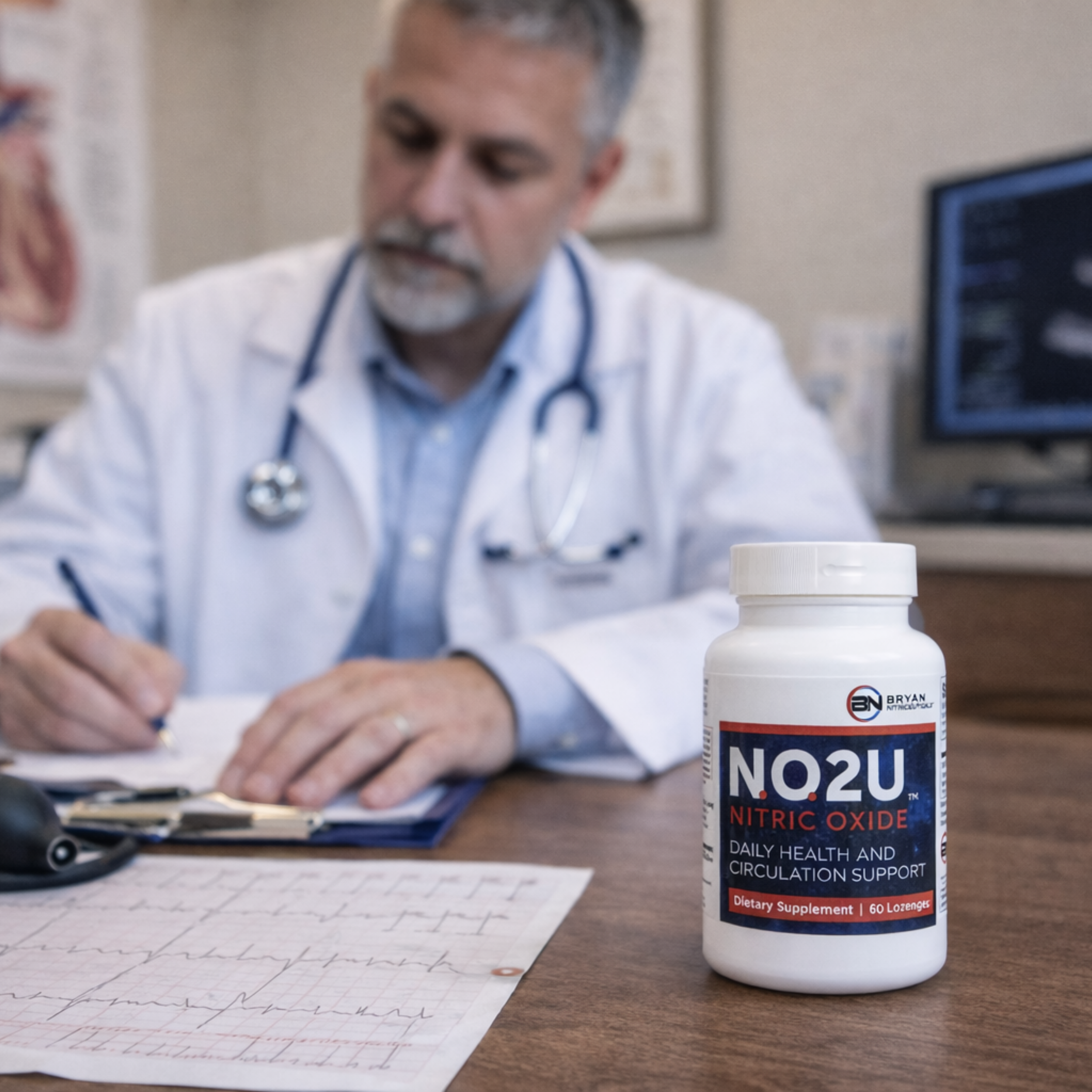 Doctor reviewing patient records with a bottle of NO2U nitric oxide lozenge supplement on the desk.
