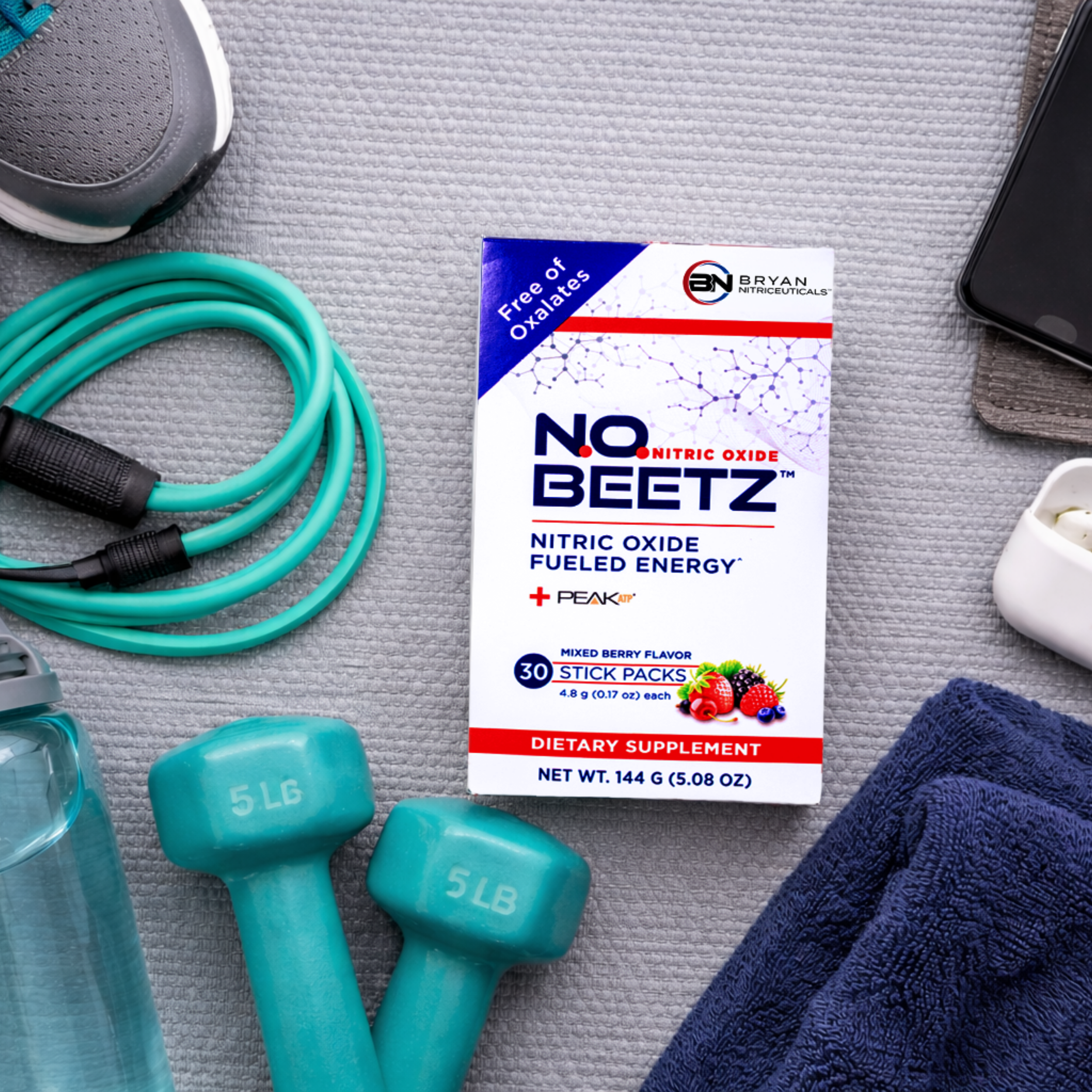 NO2U N.O. Beetz box with fitness equipment on a gray surface