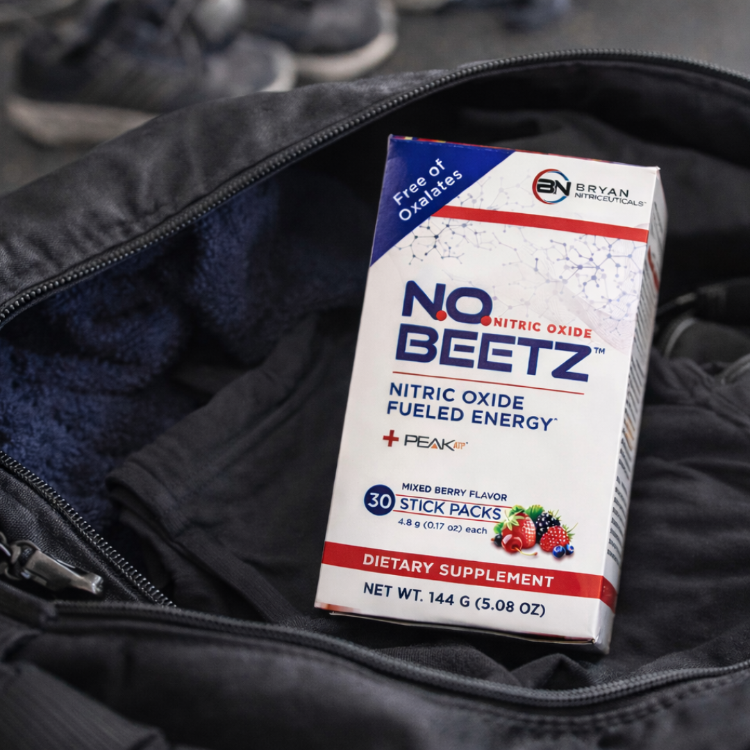 NO BEETZ dietary supplement box in an open black bag with shoes in the background