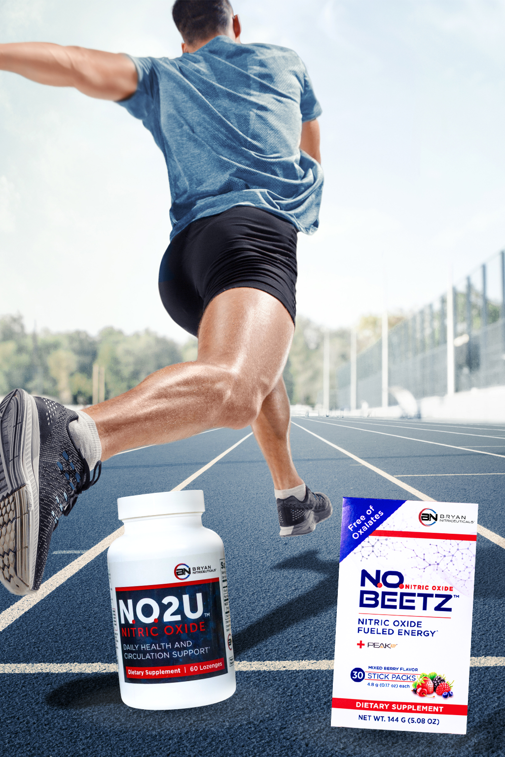 Person running on a track with NO2U and NO BEETZ and Nitric Oxide supplement bottle in the foreground.