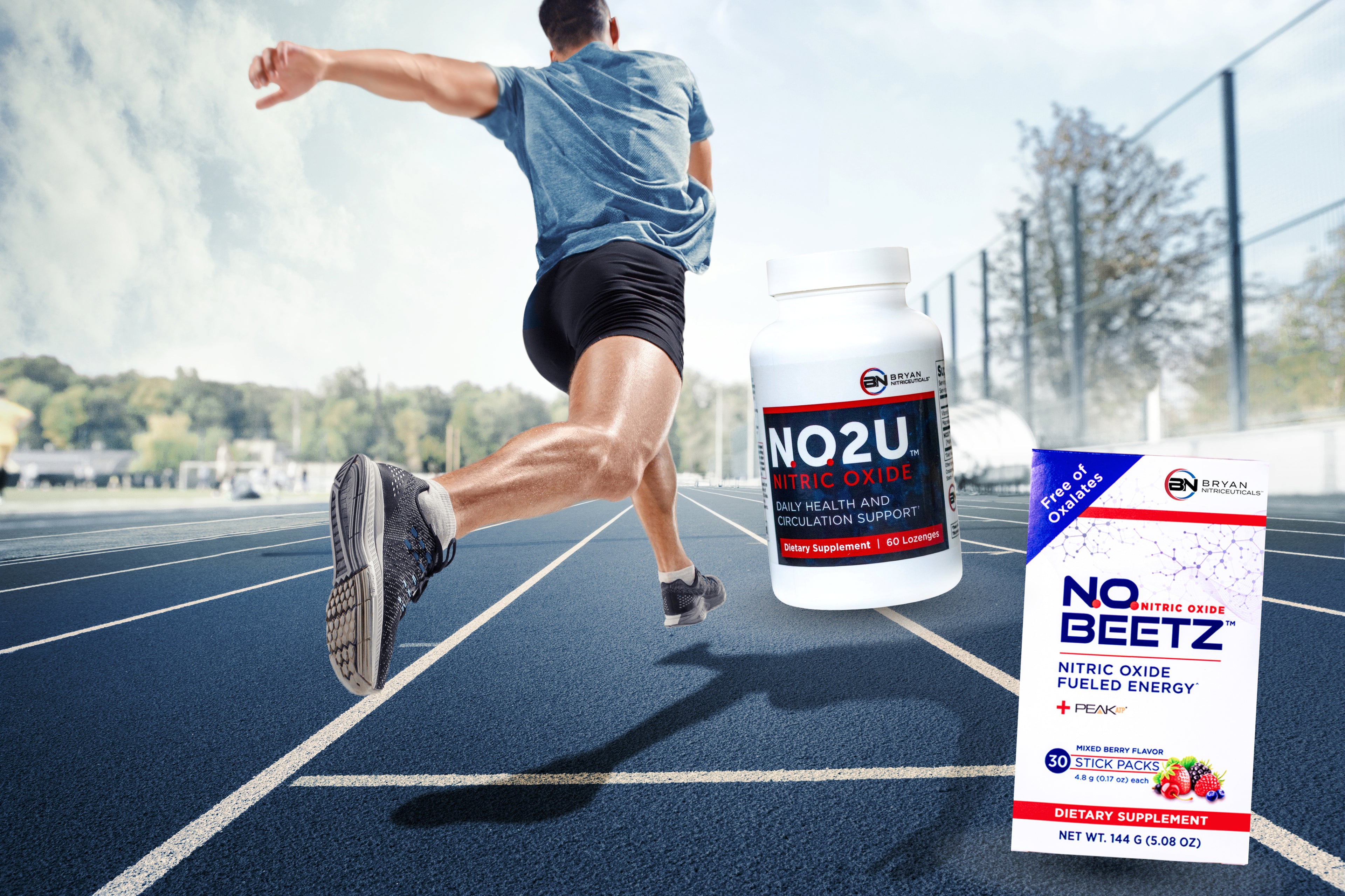 Person running on a track with NO2U and NO BEETZ and nitric oxide supplement containers in the foreground.