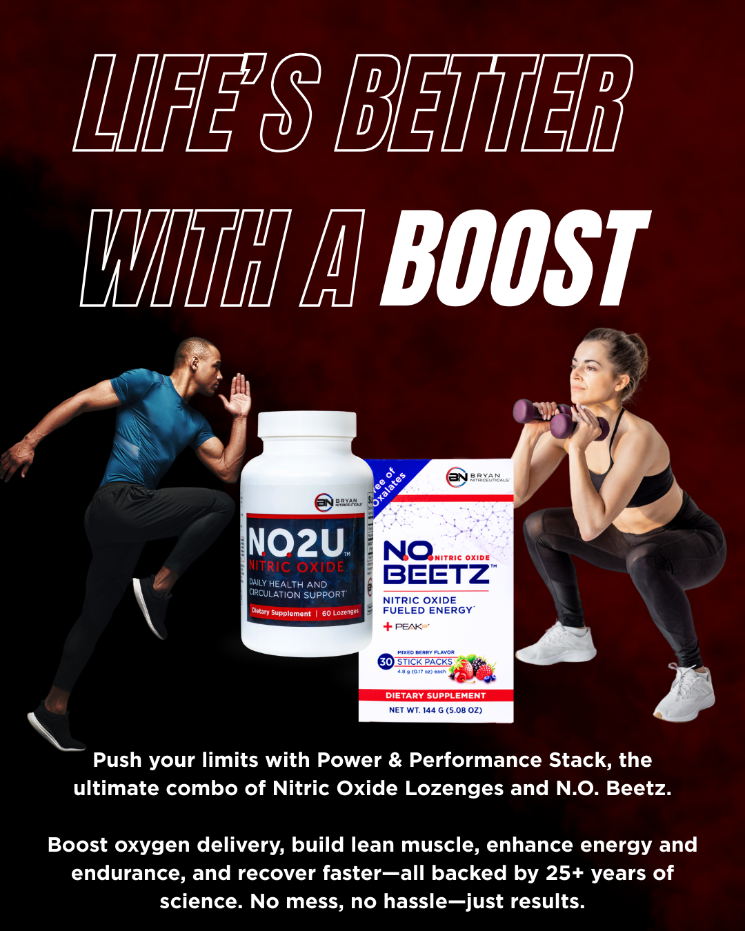 NO2U nitric oxide lozenges and N.O. Beetz products with two people exercising on a dark background.