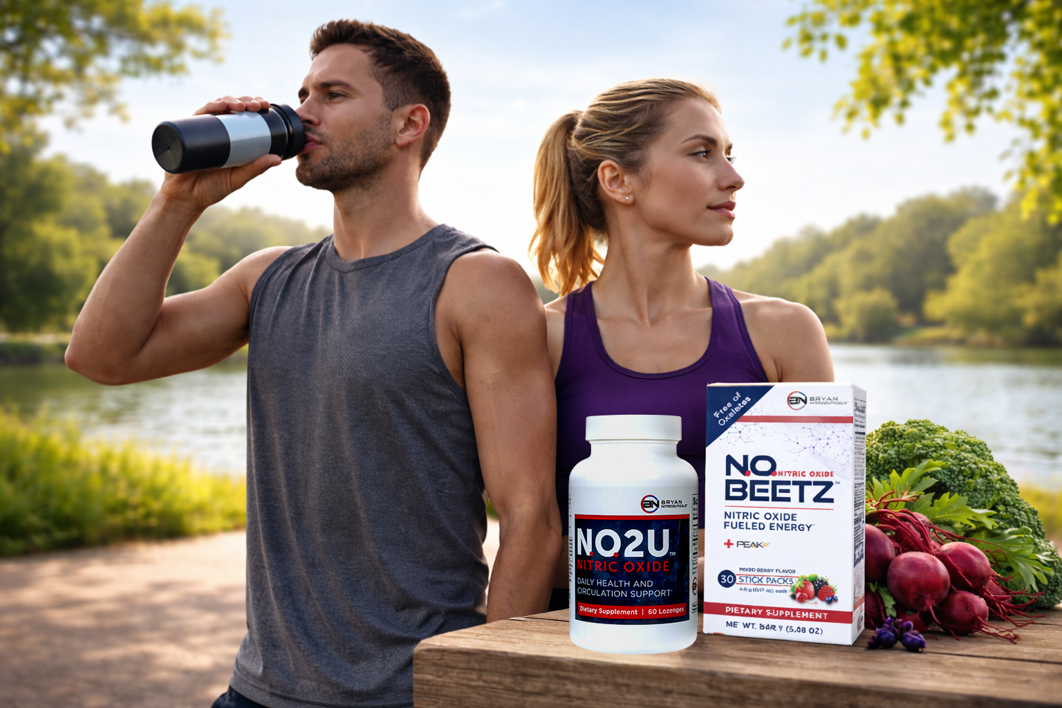 Man and woman outdoors with NO2U and NOBEETZ products on a table.