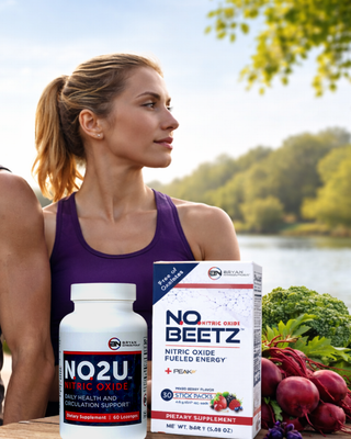 Woman outdoors with NO2U supplements and vegetables, promoting health and wellness.