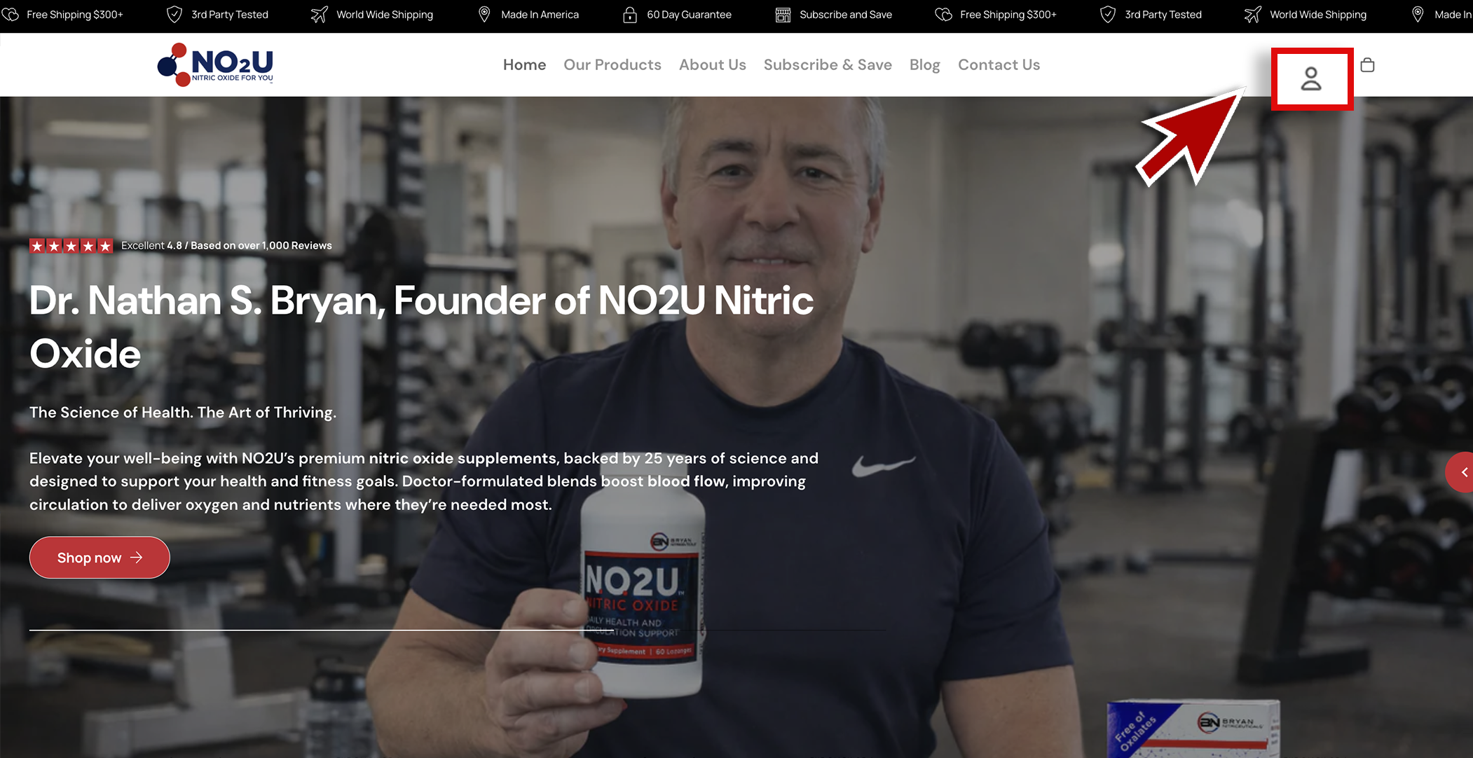 NO2U website with a man holding a supplement bottle in a gym setting