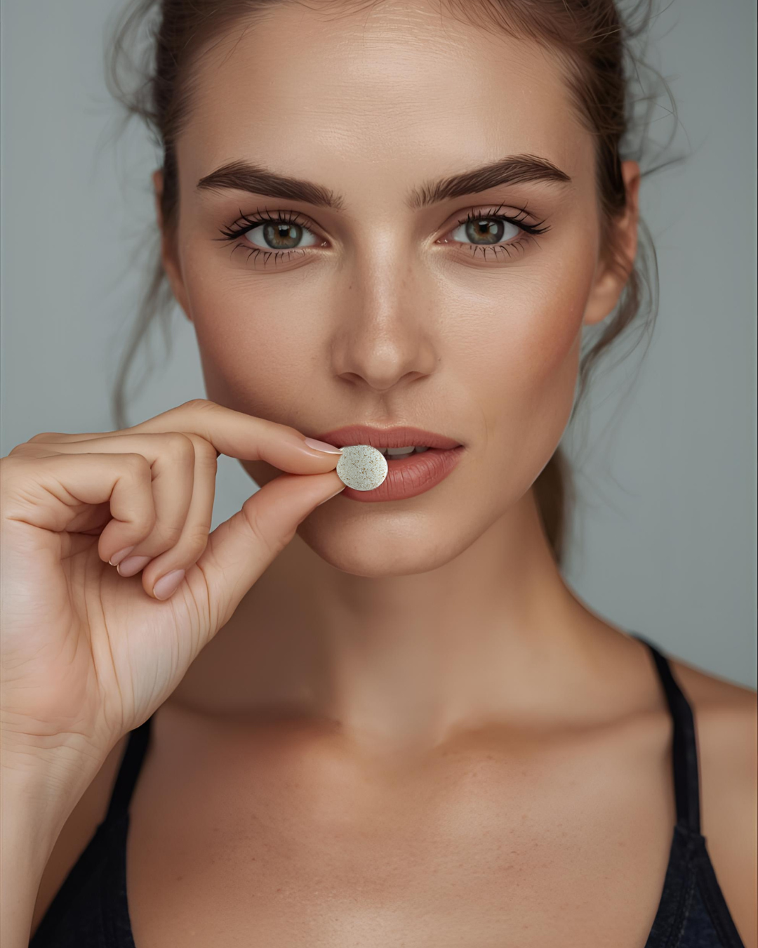 Woman holding a small round object near her mouth against a neutral background