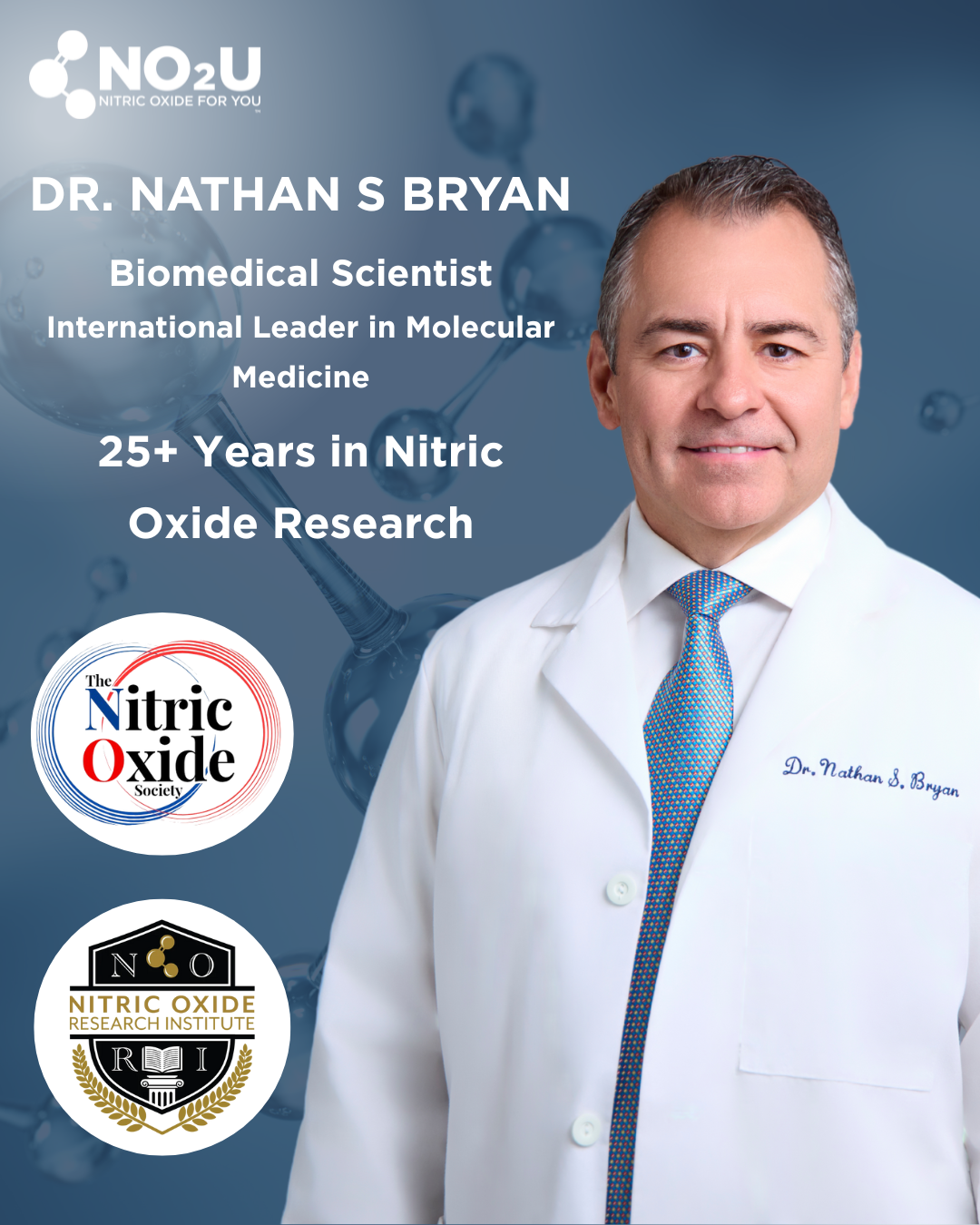 Dr. Nathan S Bryan, Biomedical Scientist with expertise in nitric oxide research, standing in front of a blue background with medical equipment.