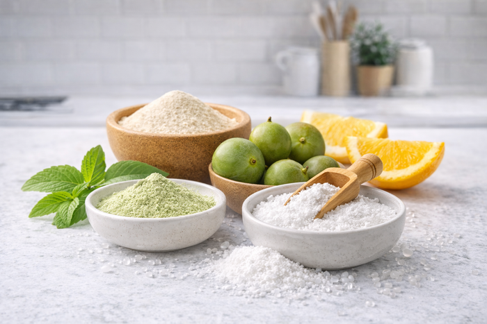 Bowls of different powders on a kitchen counter with monk fruit, citrus and mint leaves.