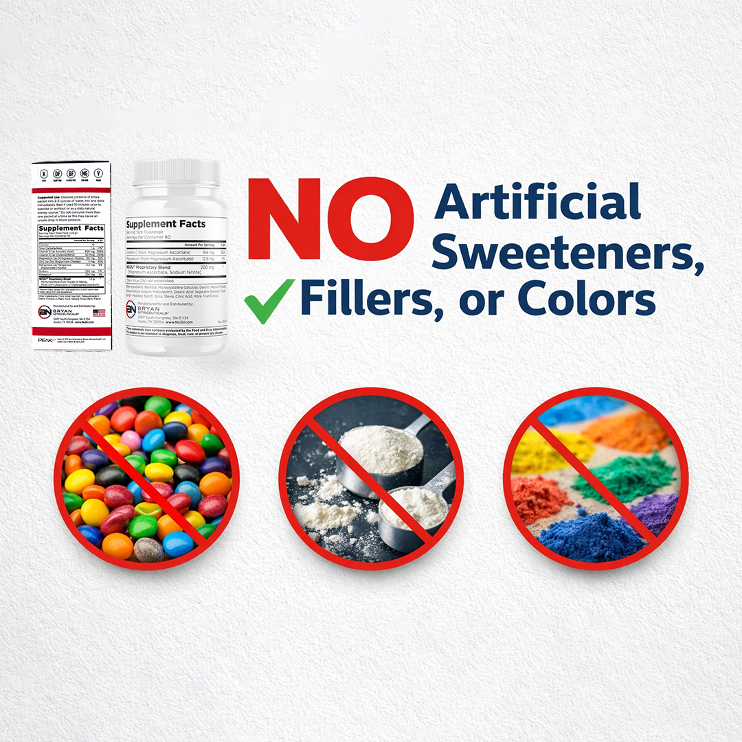 Product packaging with 'No Artificial Sweeteners, Fillers, or Colors' text and icons on a white background.
